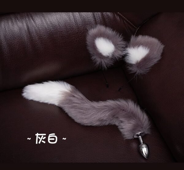 Sexy sm props training metal anal plug alternative cosplay cat ear headband tail anal plug two-piece set - Gray and white anal plug tail + hairband