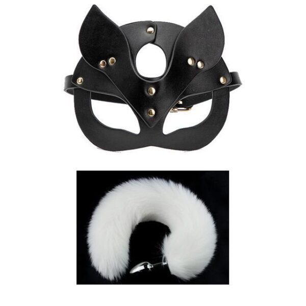 Sex toys cosplay cosplay mask metal anal plug tail sm props - White tail + fox mask pvc material