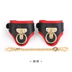 High-grade sm props cowhide bondage handcuffs black and red genuine leather sexy handcuffs foot cuffs sex training adult products - Black and red T-shaped leg cuffs