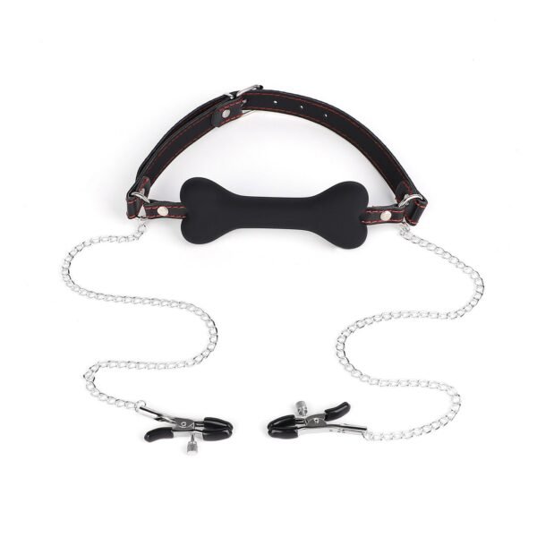 Sexy SM props bone mouth plug insulting training silicone mouth ball sexy breast clip mouth flail alternative adult products - Black bone flail