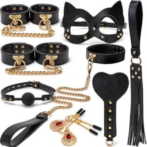 High-grade sm props genuine leather 11-piece set with box binding handcuffs traction collar punishment training whip adult products - Black genuine leather 8-piece set without case