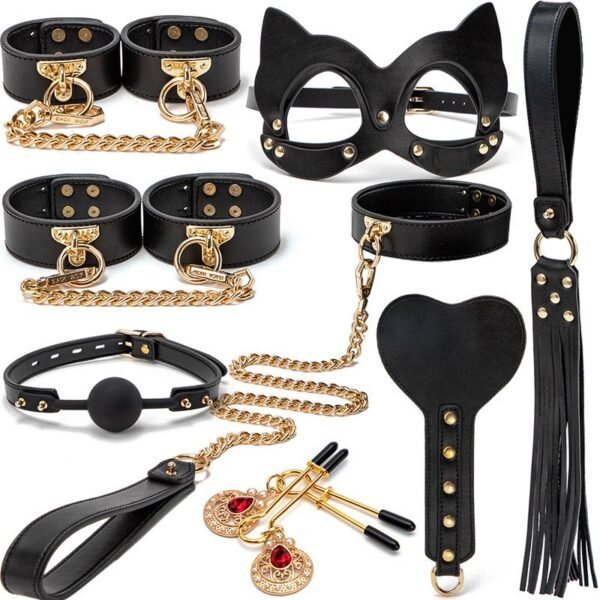 High-grade sm props genuine leather 11-piece set with box binding handcuffs traction collar punishment training whip adult products - Black genuine leather 8-piece set without case