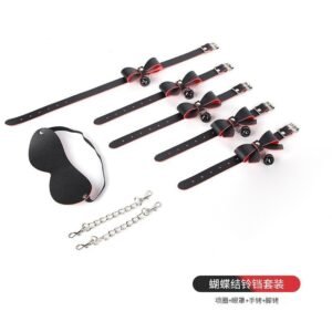 sm prop set 4-piece bow sexy collar female slave training bell handcuffs macaron sm leather whip - Black and Red Set of 4