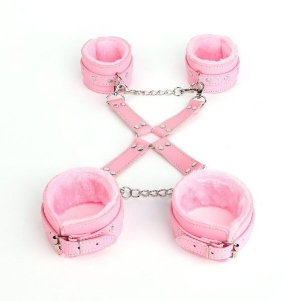 Sex toys sm props reverse back bondage cross buckle plush3-piece set sm training binding handcuffs foot cuffs adult - Pink Plush 3-Piece Set