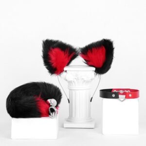 Sex toys sm props fox girl sex set fox headband tail anal plug cat collar three-piece set - Black and red tail three-piece suit