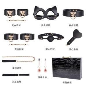 High-end sm sex props genuine leather eight-piece set of binding bondage handcuffs sex collar sex leather whip - Solid Black Suit-With Case