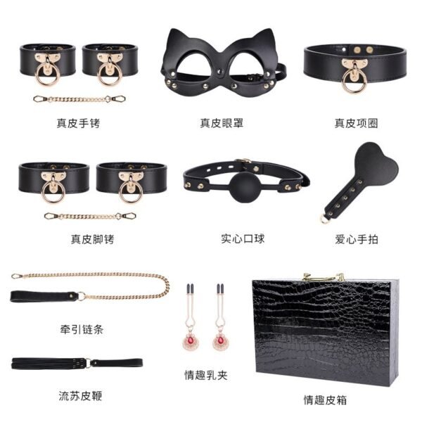 High-end sm sex props genuine leather eight-piece set of binding bondage handcuffs sex collar sex leather whip - Solid Black Suit-With Case