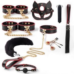 High-grade leather sm props ten-piece set sp leather racket collar traction sexy handcuffs tail anal plug adult products - Black and red 9-piece set