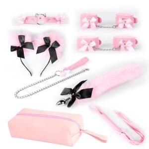 Sexy sm prop set cute bow binding bondage handcuffs sm training leather whip backyard development anal plug - Pink tail suit