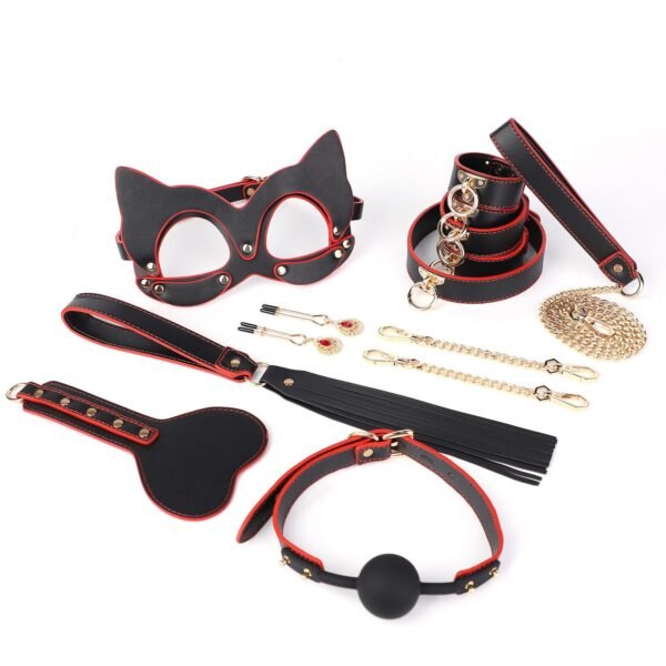 sm sex props high-grade pu eight-piece set of sex traction collar sex leather racket training oral ball breast clip vaginal clip - Black and red without case