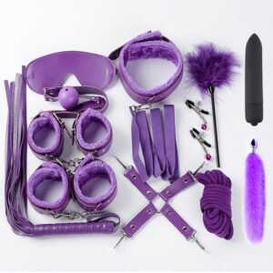sm props binding bondage plush twelve-piece set sexy handcuffs traction collar training mouth ball tail anal plug - Purple twelve-piece set