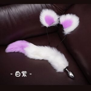 Sexy sm props training metal anal plug alternative cosplay cat ear headband tail anal plug two-piece set - White and purple anal plug tail + headband