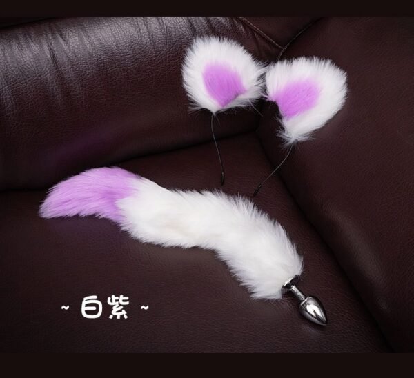 Sexy sm props training metal anal plug alternative cosplay cat ear headband tail anal plug two-piece set - White and purple anal plug tail + headband