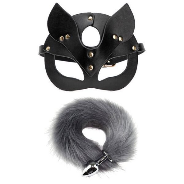 Sex toys cosplay cosplay mask metal anal plug tail sm props - Gray tail + fox mask pvc material