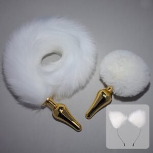 Sex toys SM props backyard metal anal plug white fox tail anal plug alternative adult products - Tail anal plug + hairball anal plug + headband