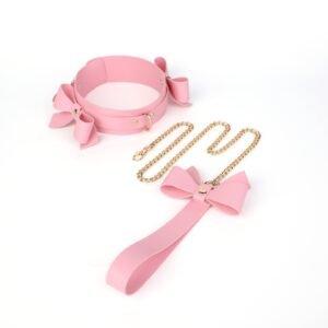 sm props set 5 pieces bow sexy leather whip pvc mouth ball mouth plug female slave traction collar bondage handcuffs - Pink collar