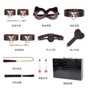 High-end sm sex props genuine leather eight-piece set of binding bondage handcuffs sex collar sex leather whip - Black and Red Set-With Case