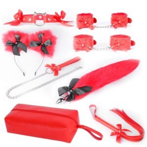 Sexy sm prop set cute bow binding bondage handcuffs sm training leather whip backyard development anal plug - Red with tail suit