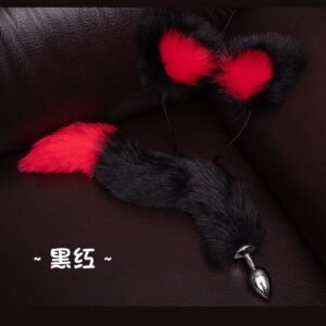 Sexy sm props training metal anal plug alternative cosplay cat ear headband tail anal plug two-piece set - Black and red anal plug tail + headband