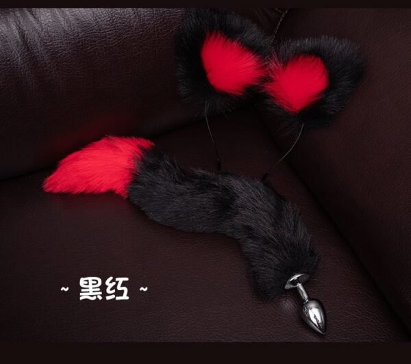 Sexy sm props training metal anal plug alternative cosplay cat ear headband tail anal plug two-piece set - Black and red anal plug tail + headband