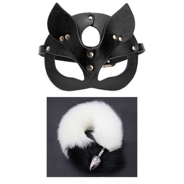 Sex toys cosplay cosplay mask metal anal plug tail sm props - Black and white tail + fox mask pvc material