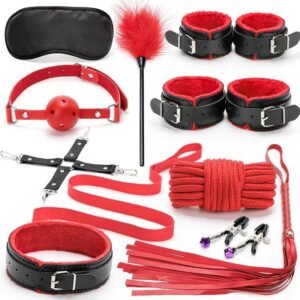 Sex toys SM props 10-piece set of binding rope bondage handcuffs training oral plug breast clips alternative adult sex products - Black red