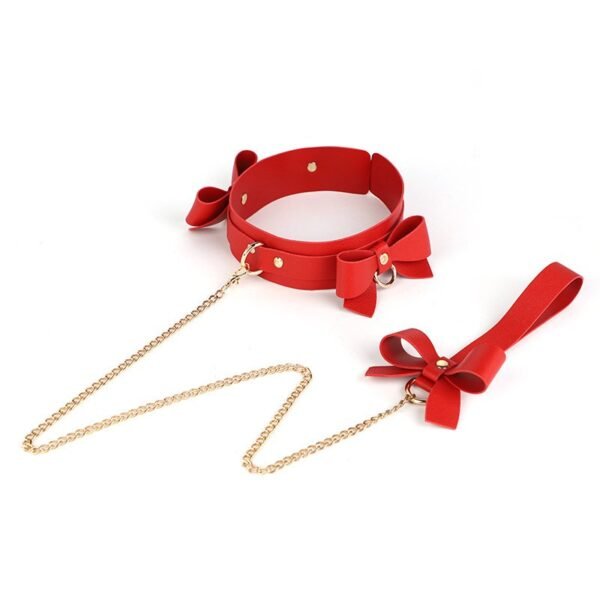 sm props set 5 pieces bow sexy leather whip pvc mouth ball mouth plug female slave traction collar bondage handcuffs - Red collar