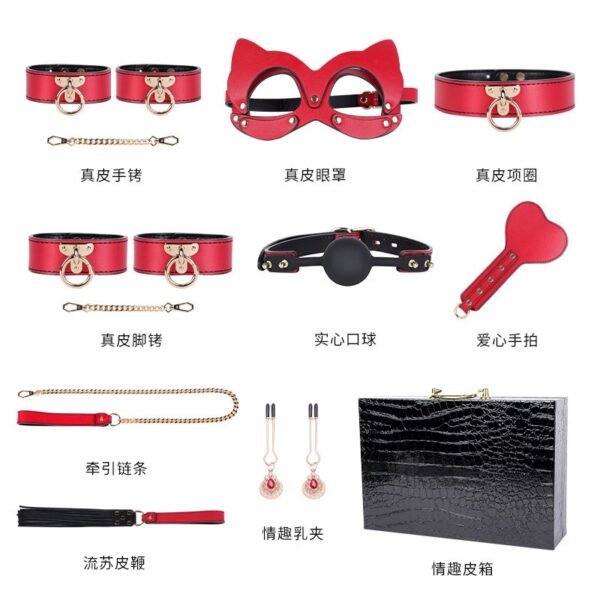 High-end sm sex props genuine leather eight-piece set of binding bondage handcuffs sex collar sex leather whip - Red Suit-With Case