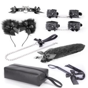 Sexy sm prop set cute bow binding bondage handcuffs sm training leather whip backyard development anal plug - Black with tail suit
