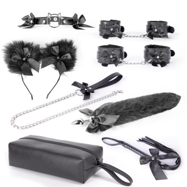 Sexy sm prop set cute bow binding bondage handcuffs sm training leather whip backyard development anal plug - Black with tail suit