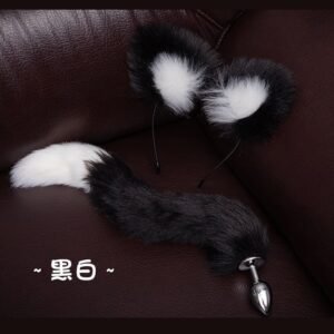 Sexy sm props training metal anal plug alternative cosplay cat ear headband tail anal plug two-piece set - Black and white anal plug tail + headband