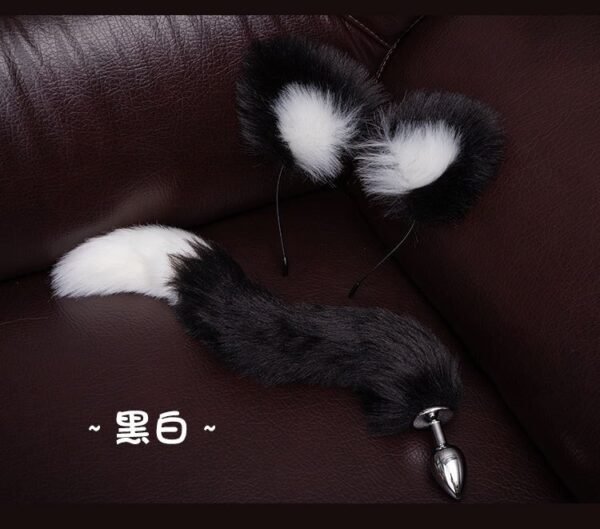 Sexy sm props training metal anal plug alternative cosplay cat ear headband tail anal plug two-piece set - Black and white anal plug tail + headband