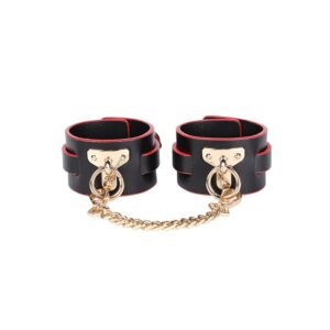 High-end sm props set four-piece set of genuine leather traction collar binding restraint handcuffs sexy leather racket adult products - T-style ankle cuffs-black and red
