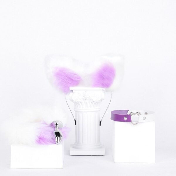 Sex toys sm props fox girl sex set fox headband tail anal plug cat collar three-piece set - White and purple tail three-piece set