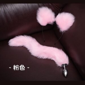 Sexy sm props training metal anal plug alternative cosplay cat ear headband tail anal plug two-piece set - Pink anal plug tail + headband