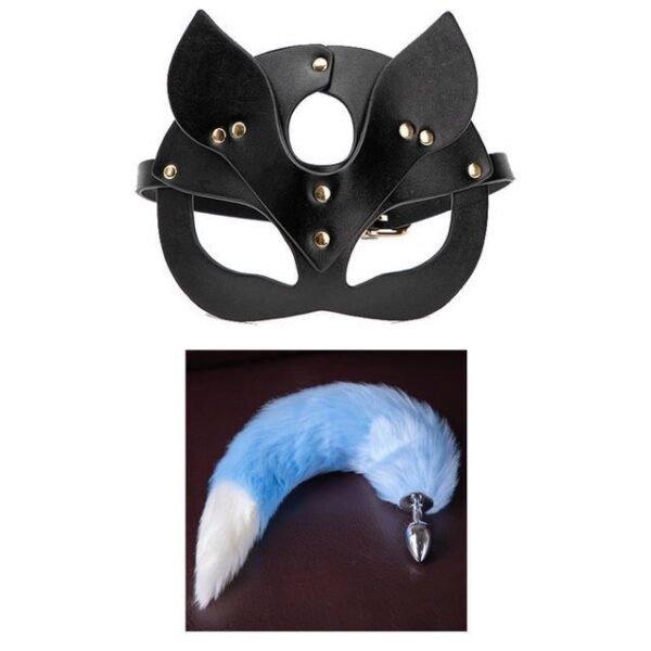Sex toys cosplay cosplay mask metal anal plug tail sm props - Blue and white tail + fox mask pvc material