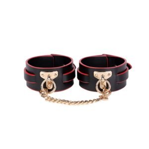High-end sm props set four-piece set of genuine leather traction collar binding restraint handcuffs sexy leather racket adult products - T-style handcuffs-black and red