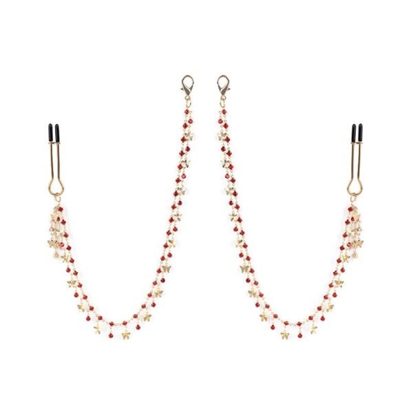 Fun sm props light luxury genuine leather silicone mouth plug maid training torture instrument bone mouth plug with drill long chain breast clip - Red Diamond Breast Clip