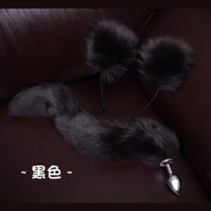 Sexy sm props training metal anal plug alternative cosplay cat ear headband tail anal plug two-piece set - Black anal plug tail + headband