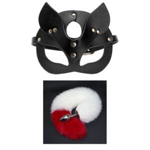 Sex toys cosplay cosplay mask metal anal plug tail sm props - White red tail + fox mask pvc material