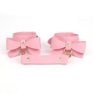 sm props set 5 pieces bow sexy leather whip pvc mouth ball mouth plug female slave traction collar bondage handcuffs - Pink handcuffs