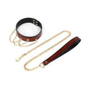 Sex toys SM props high-grade genuine leather traction collar SM training bondage sex neck ring alternative adult products - Five-ring pendant chain traction collar (red)