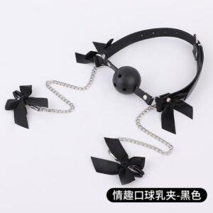 Sexy sm props bone mouth ball breast clip breast abuse props couple training sex toy silicone mouth plug - Black pvc mouth ball bow breast clip