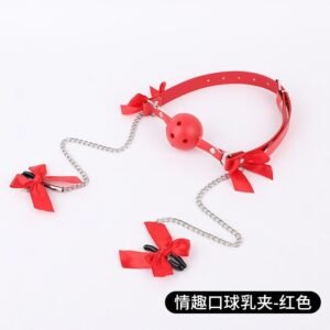 Sexy sm props bone mouth ball breast clip breast abuse props couple training sex toy silicone mouth plug - Red pvc mouth ball bow breast clip