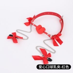 Sexy sm props bone mouth ball breast clip breast abuse props couple training sex toy silicone mouth plug - Red love mouth ball bow breast clip