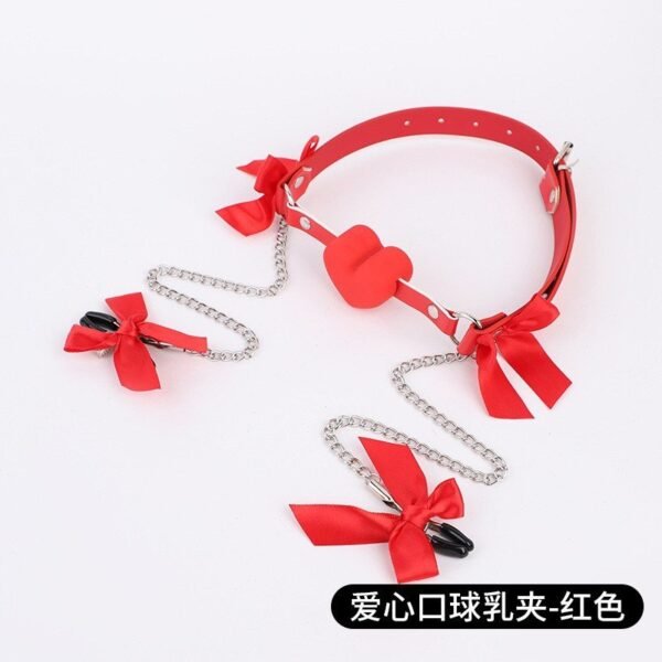 Sexy sm props bone mouth ball breast clip breast abuse props couple training sex toy silicone mouth plug - Red love mouth ball bow breast clip