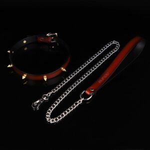 Sex toys SM props high-grade genuine leather traction collar SM training bondage sex neck ring alternative adult products - Rivet traction collar (red)