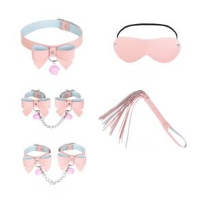 sm prop set 5-piece bow sexy collar female slave training bell handcuffs macaron sm leather whip - Pink 5-piece set