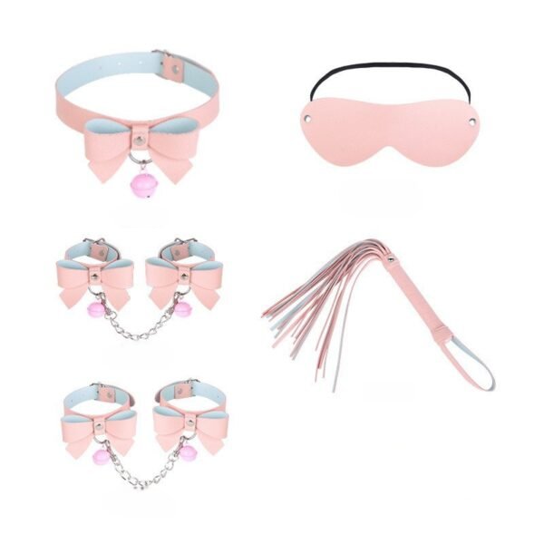 sm prop set 5-piece bow sexy collar female slave training bell handcuffs macaron sm leather whip - Pink 5-piece set