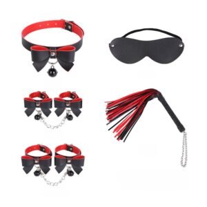 sm prop set 5-piece bow sexy collar female slave training bell handcuffs macaron sm leather whip - Black and red 5-piece set